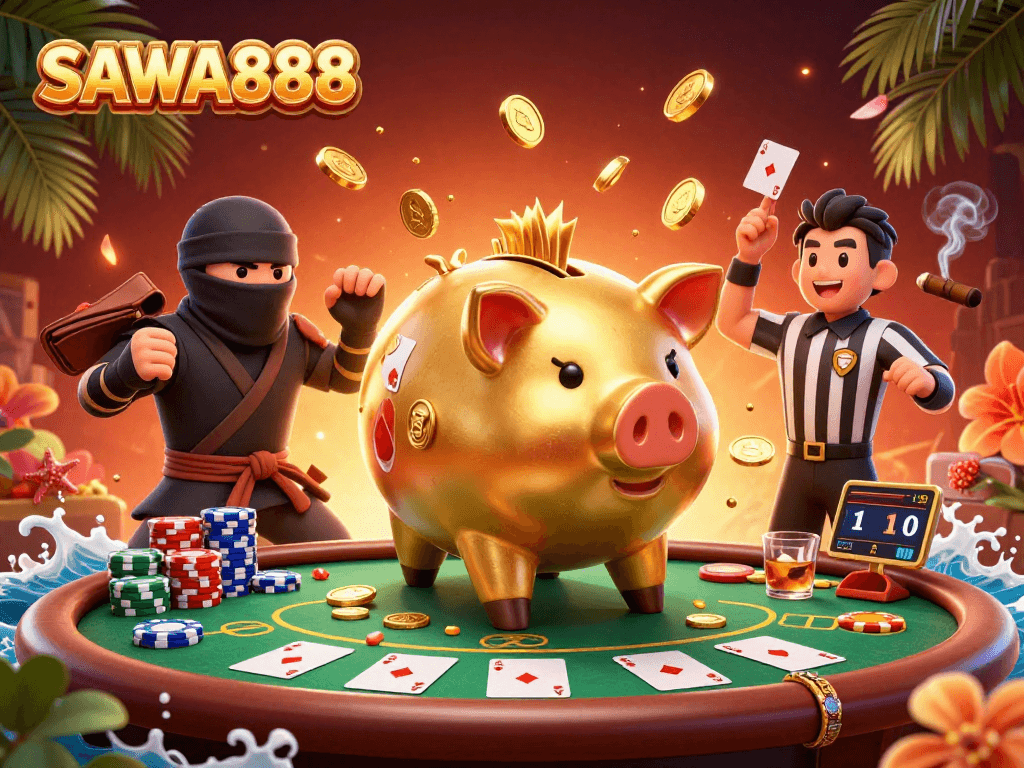 SAWA888 showcases an intense casino showdown with a golden piggy bank wrestler, dynamic poker action, and vibrant game elements.