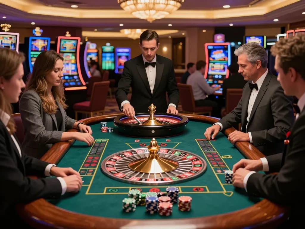 Players placing bets at a lively roulette table in a luxurious casino scene showcasing ta88e activities.