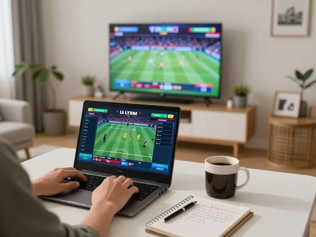 Bongdalu sports betting setup at home with laptop and screen showing live games