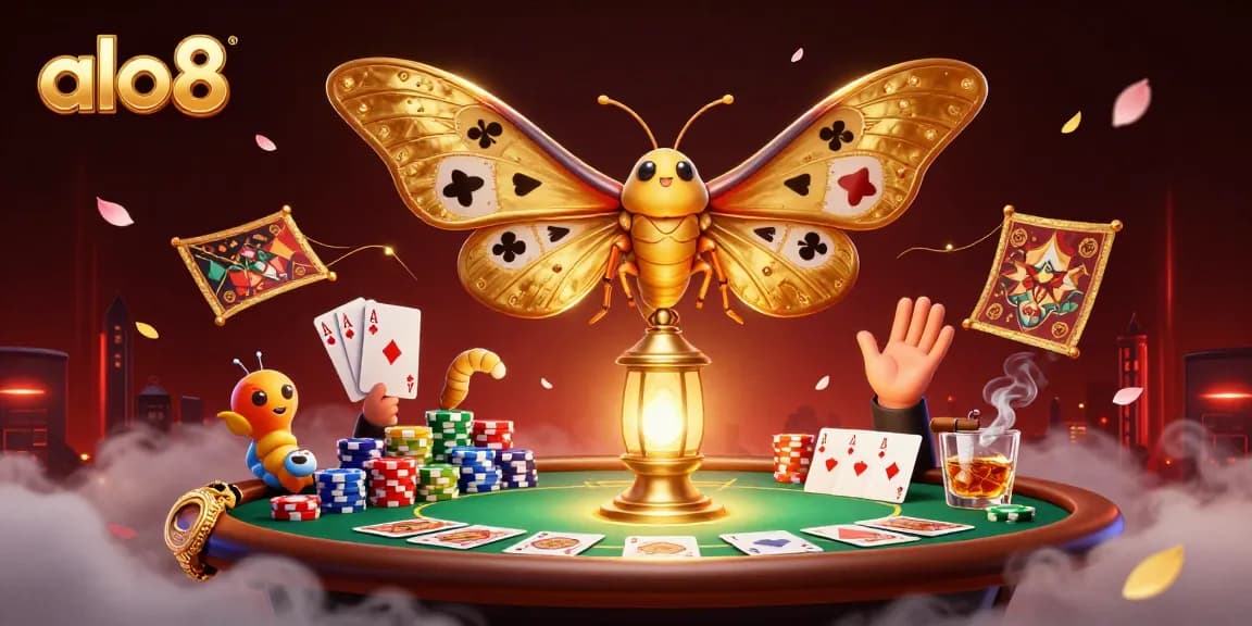 Witness the magic of alo8 as a golden moth and silkworms illuminate a vibrant casino scene.