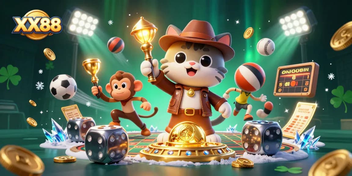 Experience the thrill of XX88 with a cartoon archaeologist cat uncovering casino treasures.