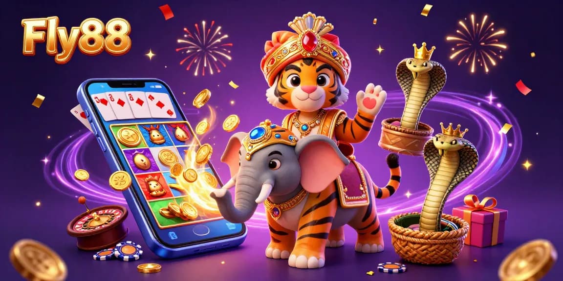 Fly88 showcases a vibrant 3D tiger and elephant scene celebrating casino gaming excitement.