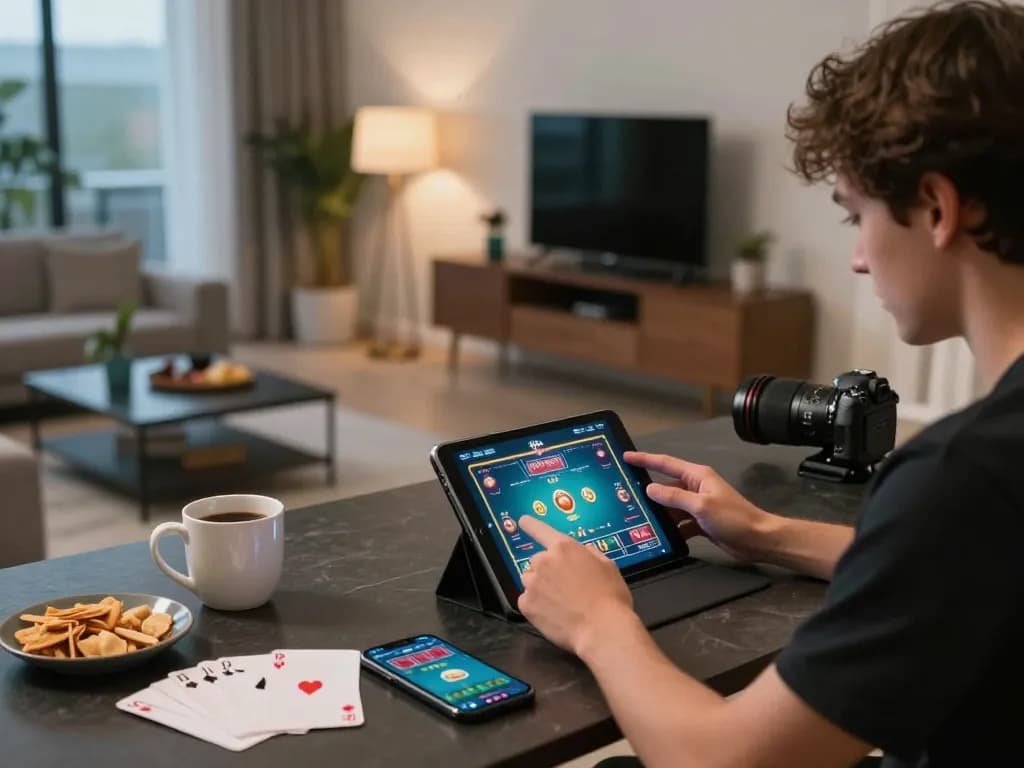Engaging scene of dash88 online gaming with user excitedly playing on a tablet in a cozy living room setting.