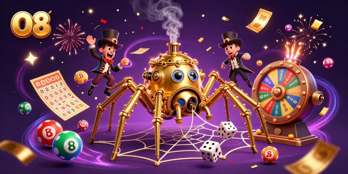 O8 captivates players with a dynamic scene of gambling adventure and excitement, featuring a golden spider and floating lottery elements.