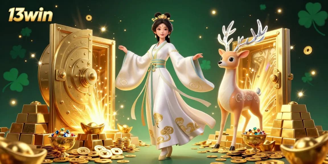 Win big with 13win at this vibrant digital casino scene featuring treasure and game elements.