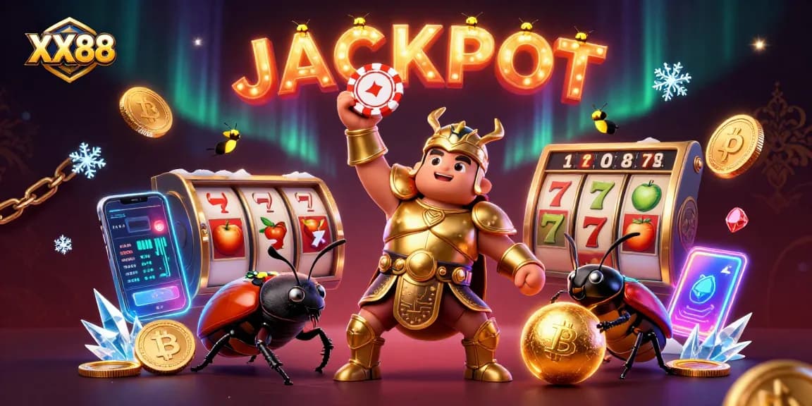 XX88 showcases a victorious beetle character celebrating jackpot wins surrounded by vibrant casino elements.