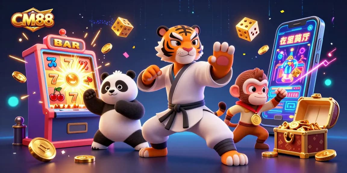 Experience exciting wins at CM88 with playful tiger, panda, and monkey in a vibrant casino scene.