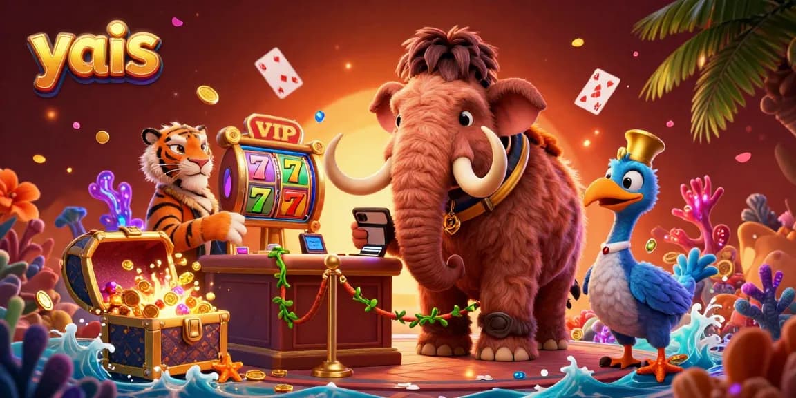 Yais highlights a vibrant casino scene with a woolly mammoth bouncer and a saber-tooth tiger VIP.