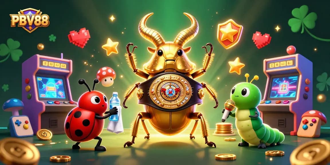 Engage in action with PBV88's vibrant casino gaming elements featuring a golden stag beetle boxing champion.