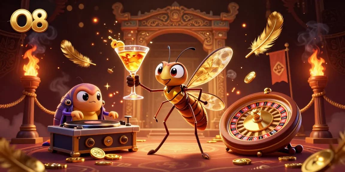 Experience thrilling gameplay at O8 with lively casino elements, including vibrant characters and gold coins.