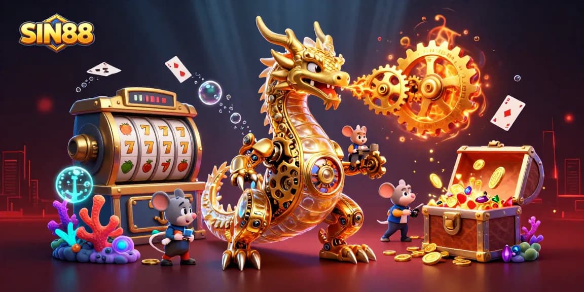 SIN88 reveals a vibrant casino scene with a golden dragon, slot reels, and treasure galore.