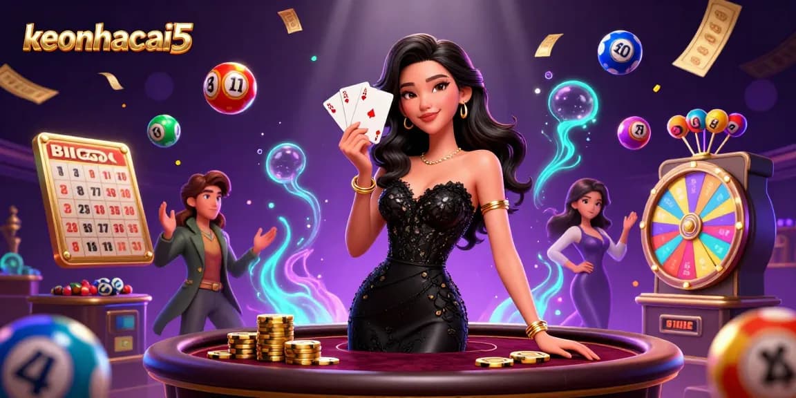 Engage with keonhacai5's vibrant sports betting scene featuring a glamorous woman holding playing cards.