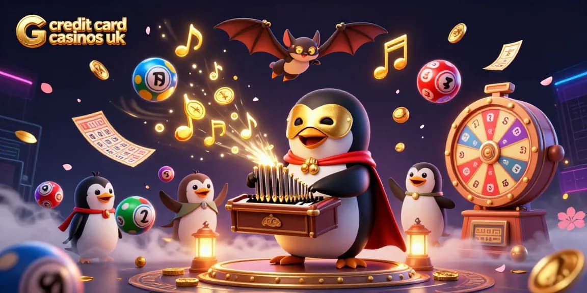 Engage with top credit card casinos UK featuring a playful penguin celebrating with golden coins, vibrant lottery elements, and an acrobatic bat.