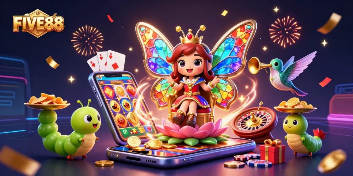 Experience the magic of FIVE88 with a vibrant 3D illustration of the butterfly queen amidst casino elements.