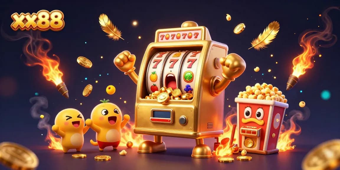 xx88 slot machine hits a jackpot, surrounded by cheering baby machines and golden coins.