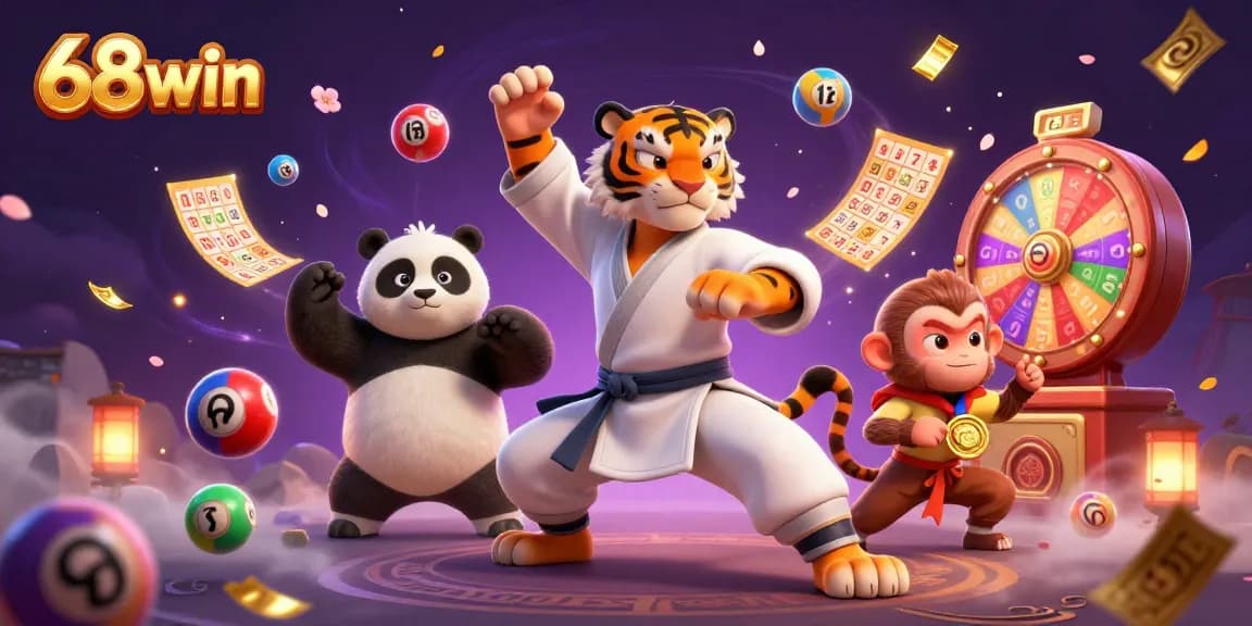 Experience exciting lottery games with the dynamic scene of 68win's 3D characters amid vibrant elements.