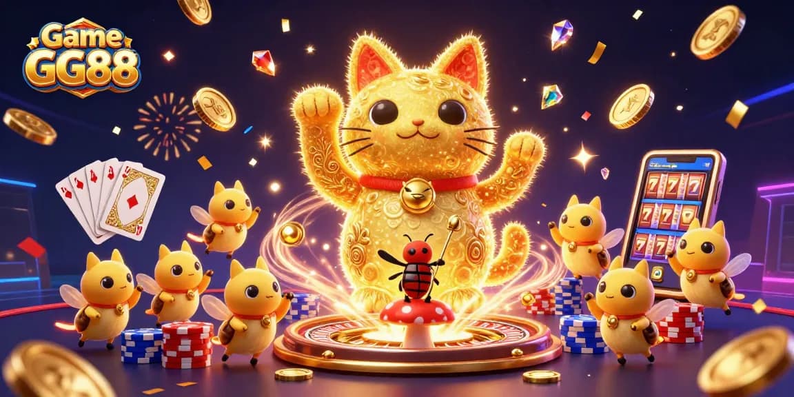 Experience the thrill of Game GG88 with a vibrant 3D illustration of a lucky cat and casino elements.