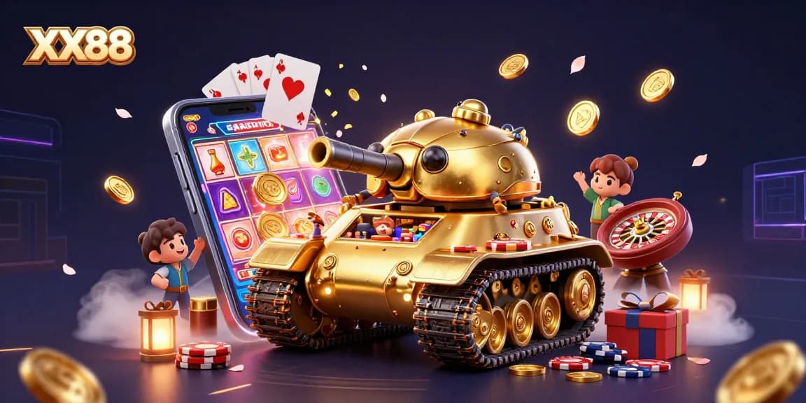 Engage with the vibrant gaming experience at XX88, featuring a dynamic casino scene with colorful slot games and coins.