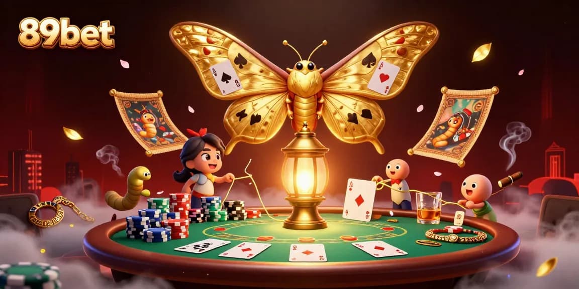Engage in thrilling poker action with 89bet, featuring a majestic atlas moth and vibrant casino elements.
