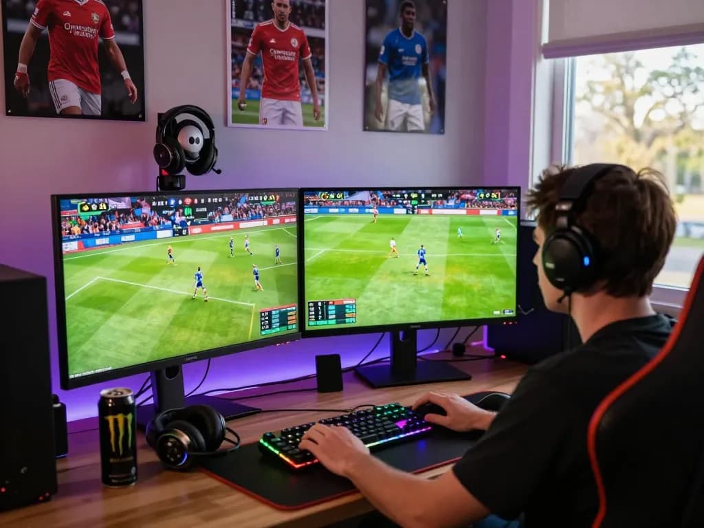 Live soccer gaming experience with vibrant setup and screens on https://vaobong1gom.cn.com/ showcasing player engagement.
