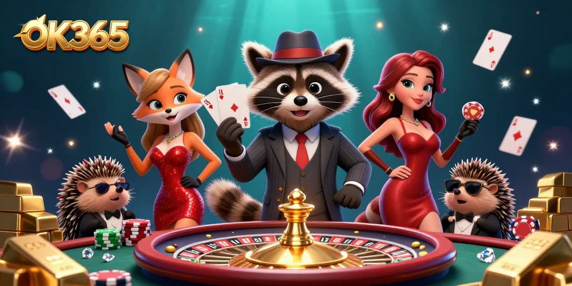 Engage in thrilling casino action with OK365 as raccoon, fox, and hedgehog surround poker games and treasures.