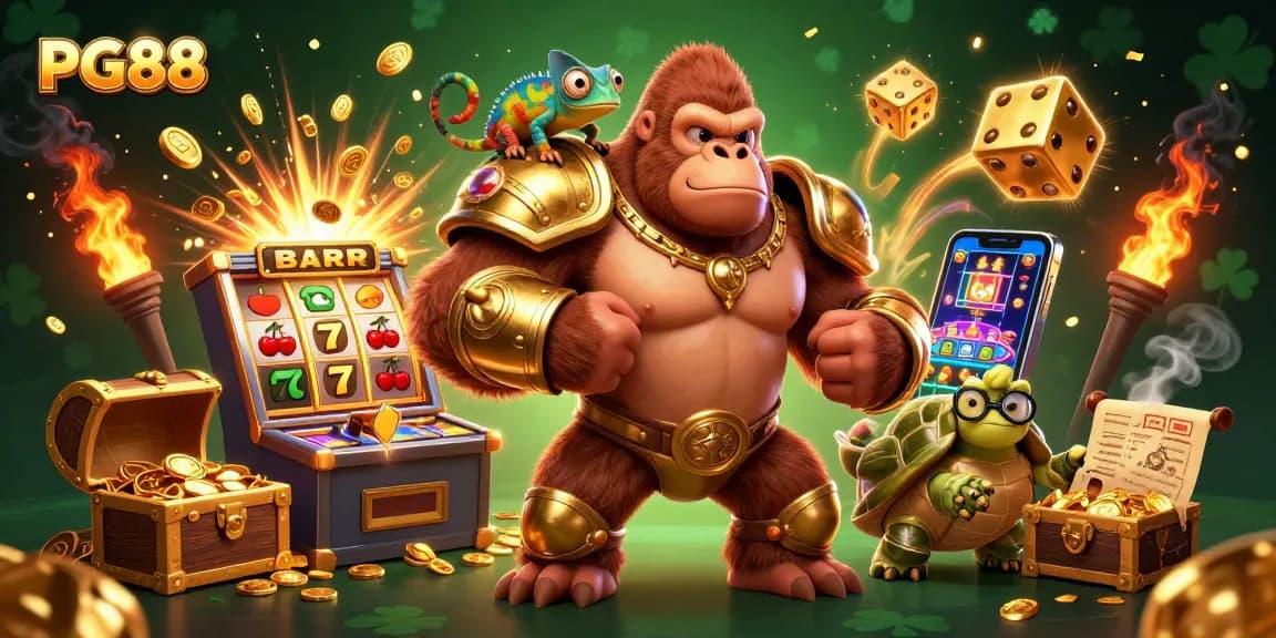 Experience thrilling slots at PG88 with a powerful gorilla king and vibrant casino elements.