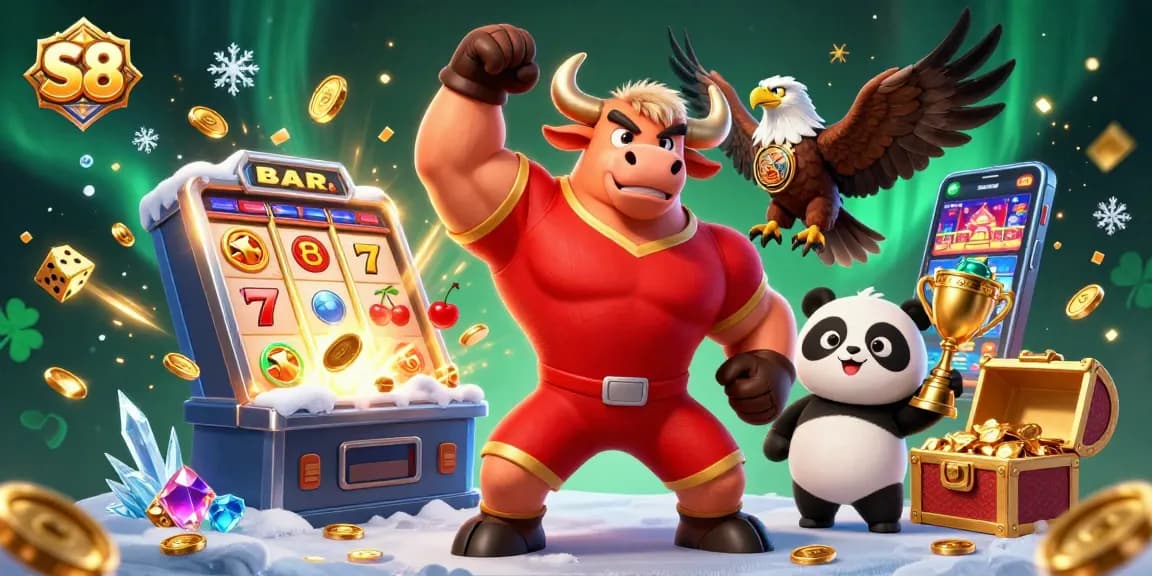 S8 showcases an exciting jackpot explosion with a bull mascot, eagle, panda, and vibrant casino elements