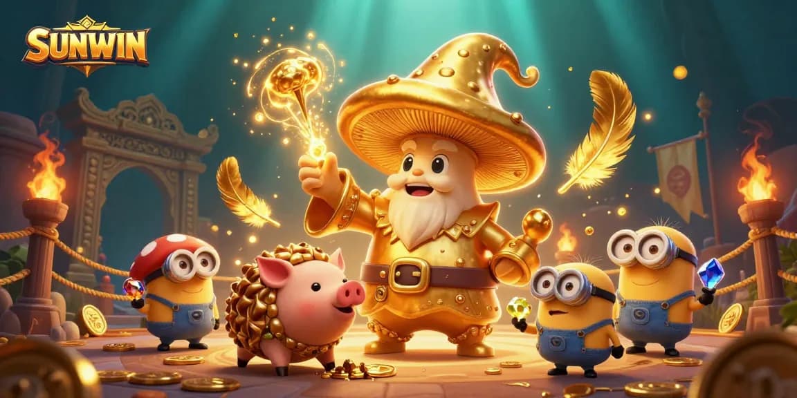 SUNWIN brings vivid casino action with a magical scene featuring a golden mushroom wizard and treasure-strewn arena.