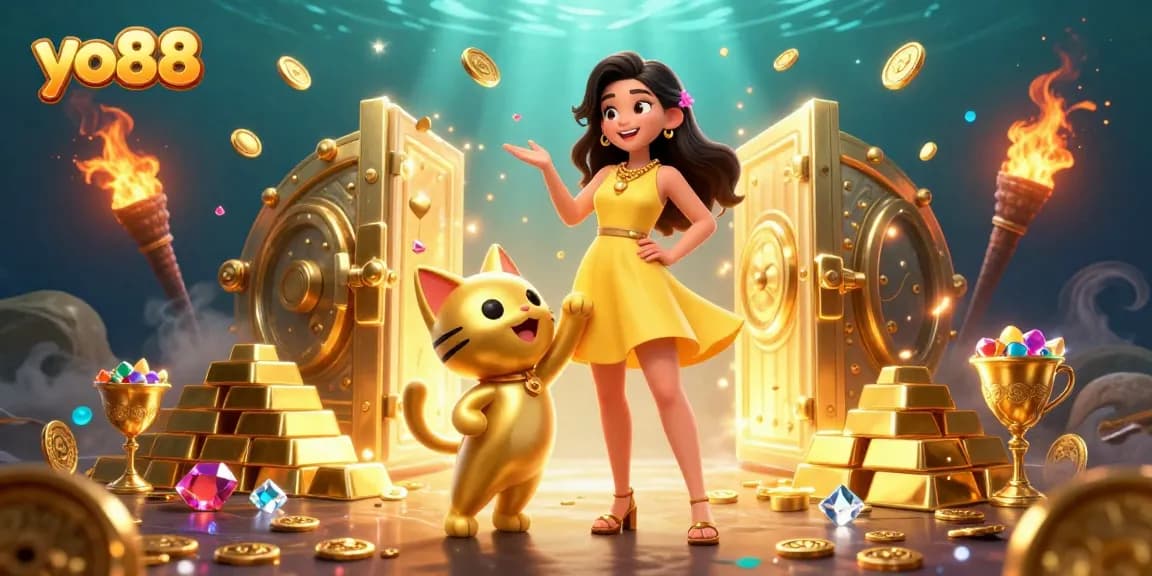 Engage with the vibrant joy of yo88 as a woman celebrates with a lucky cat amidst a treasure-filled casino.