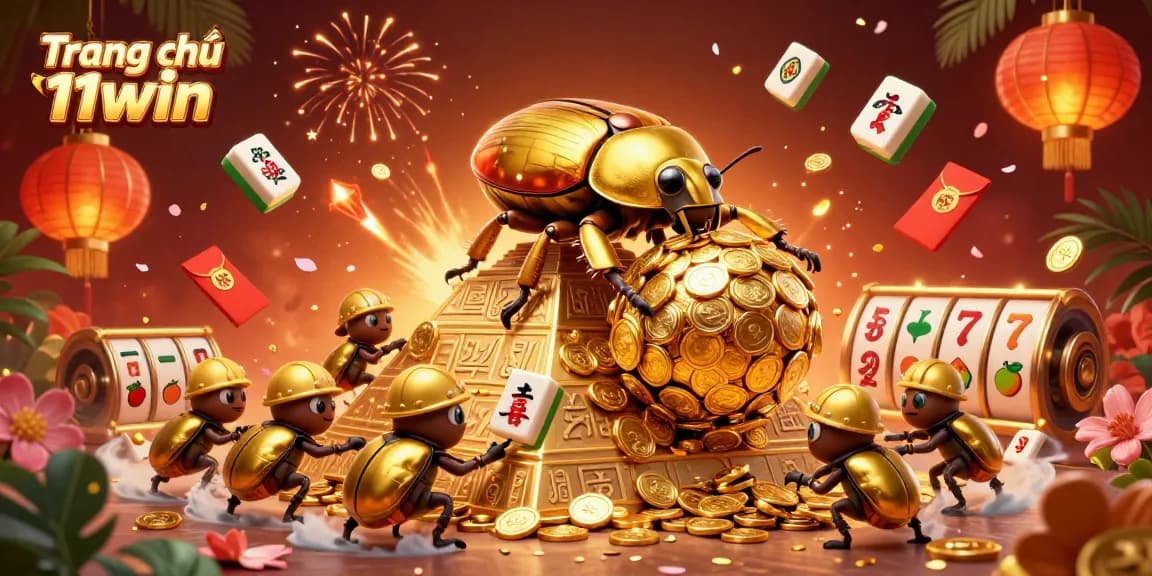 Experience the magic of Trang chủ 11win with vibrant casino elements and golden treasures.
