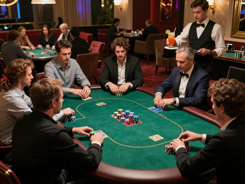 Players strategizing during a competitive poker game at ga8888, surrounded by vibrant casino ambiance.