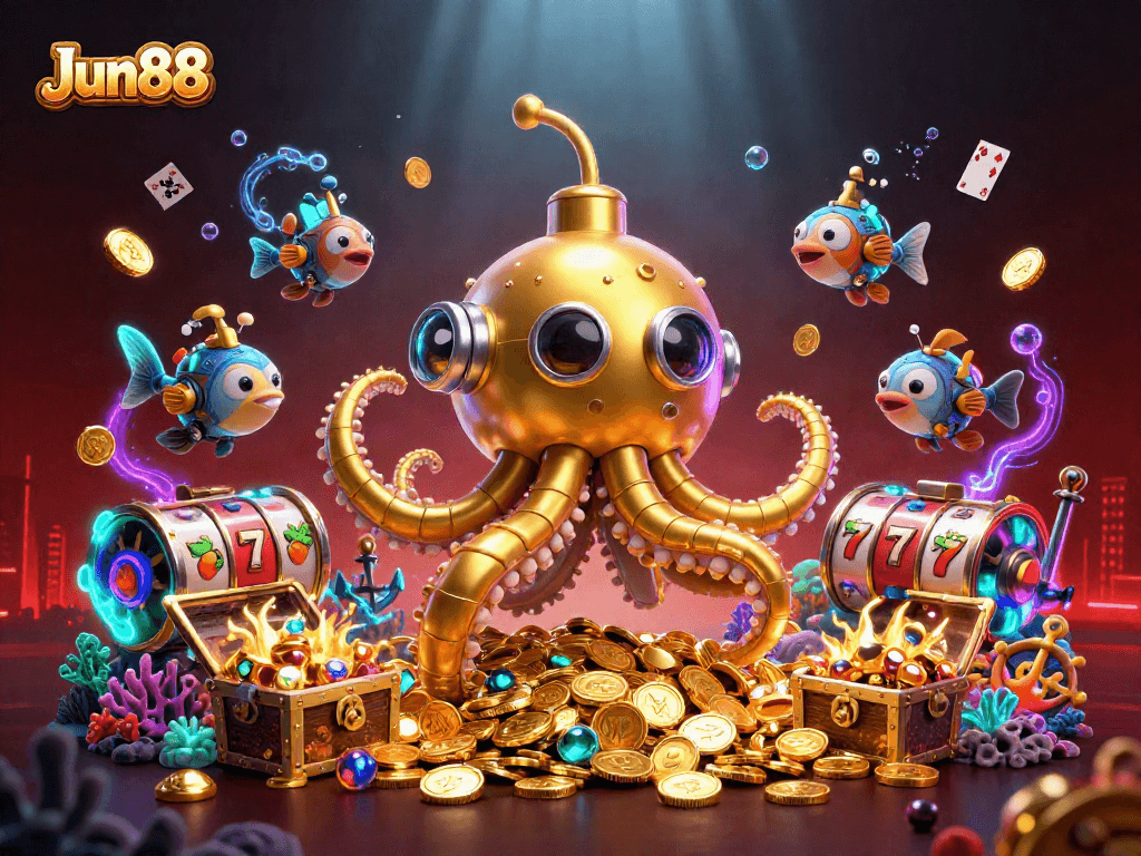 Experience thrilling gameplay at Jun88 with a golden kraken submarine and vibrant casino elements.