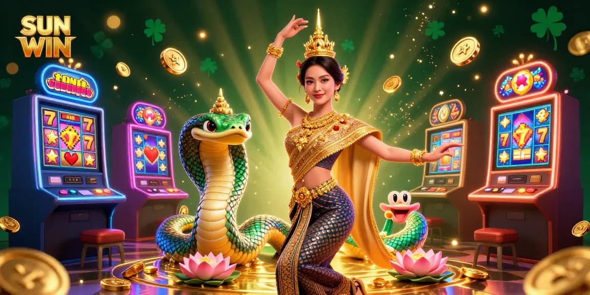 Play exciting slot games at SUN WIN featuring vibrant characters and dynamic gaming elements in a lively casino atmosphere.