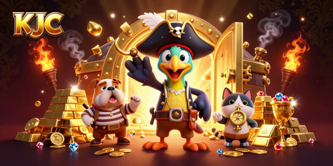 KJC players spinning the reels and uncovering treasures in a vibrant casino scene.