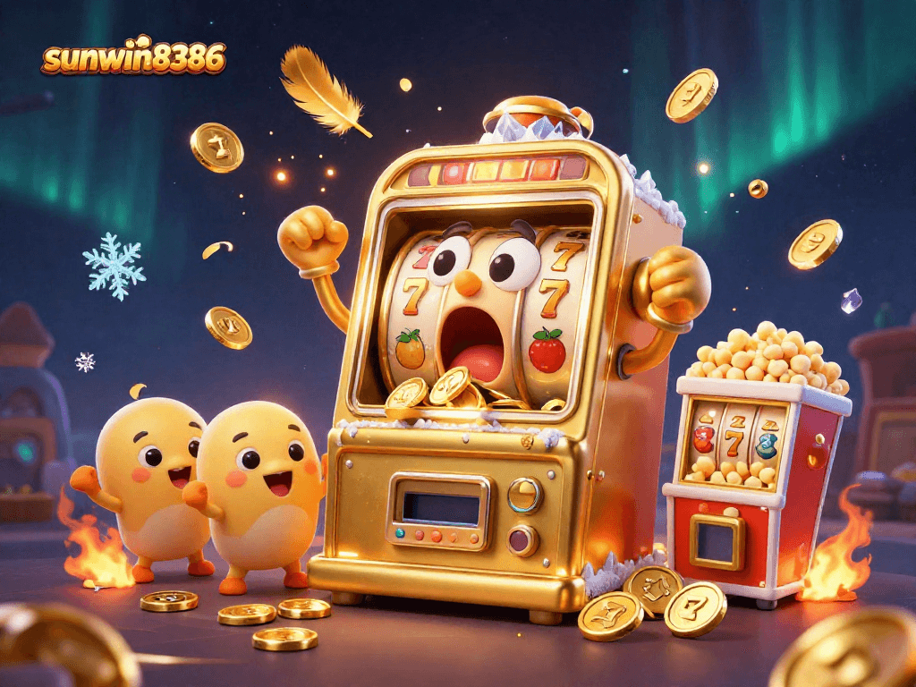 sunwin8386 celebrates a huge jackpot with golden coins pouring from a slot machine, showcasing casino excitement