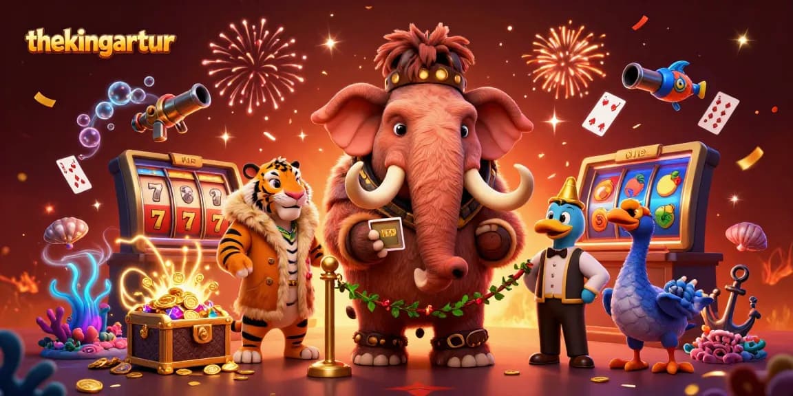 thekingarthur showcases vibrant 3D casino illustration with unique characters, slot games, and festive elements