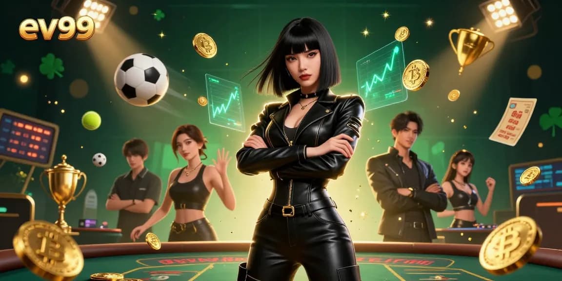 Bet on the action with ev99 amidst flying sports balls and golden crypto elements.