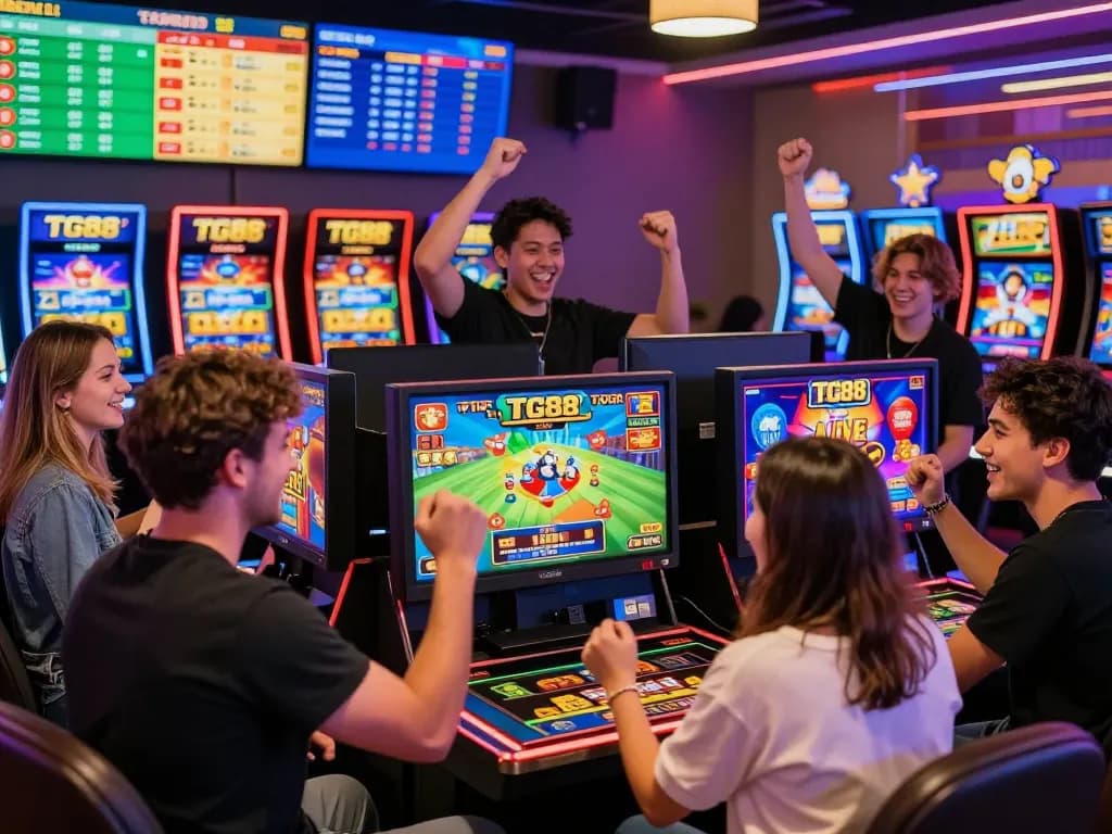 Diverse players enjoying TG88's vibrant online gambling platform, celebrating wins in a dynamic casino environment.