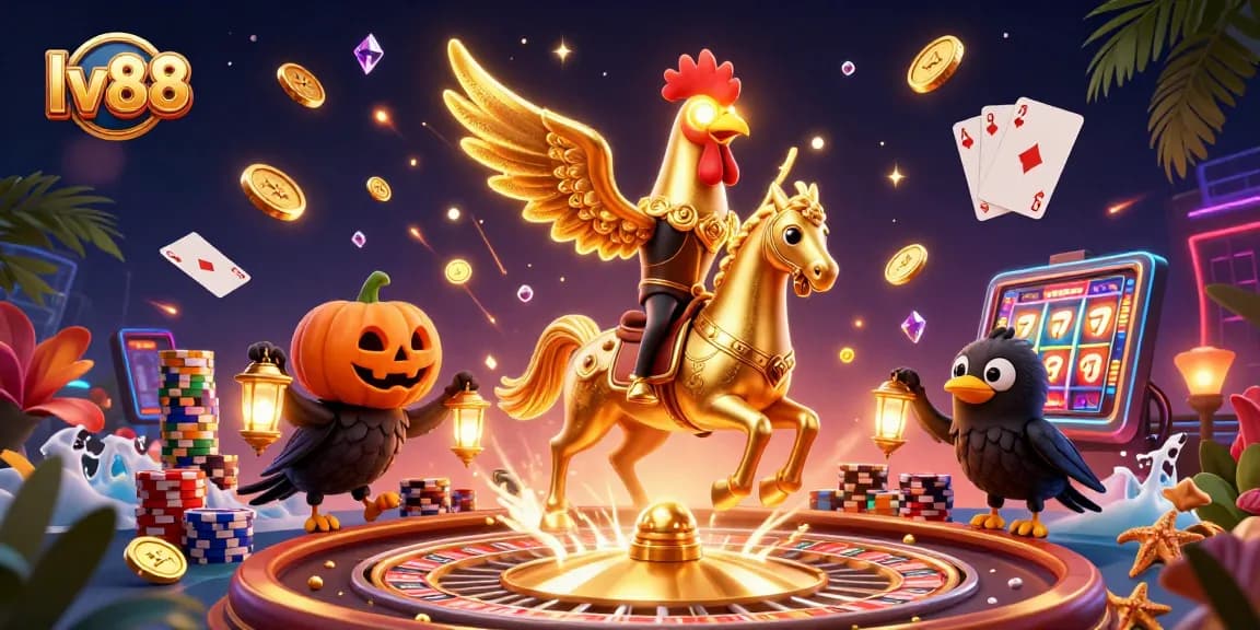 Experience exciting gaming with lv88, featuring a golden rooster and crow companions in a vibrant casino.