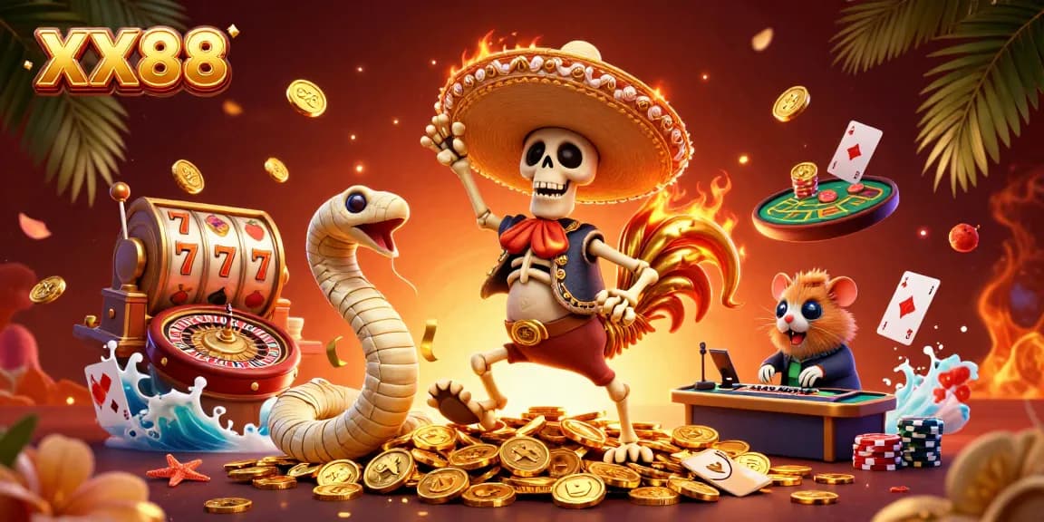 Experience thrilling gameplay at XX88 with vibrant casino characters dancing amidst gold coins and slot reels.