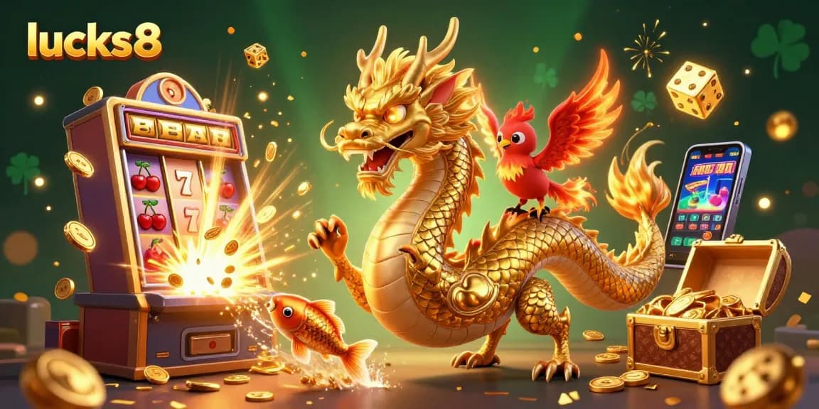 Engage with lucks8's thrilling casino adventure featuring a fierce dragon and lucky symbols.