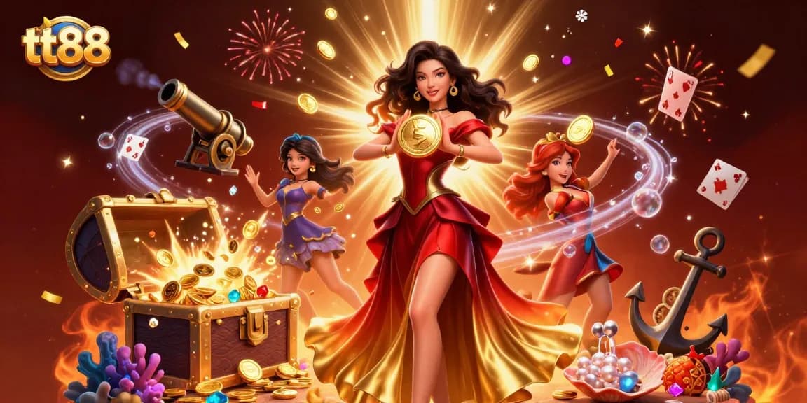 Experience the excitement of tt88 with a stunning illustration of a woman holding a glowing golden coin amidst a dynamic casino scene.