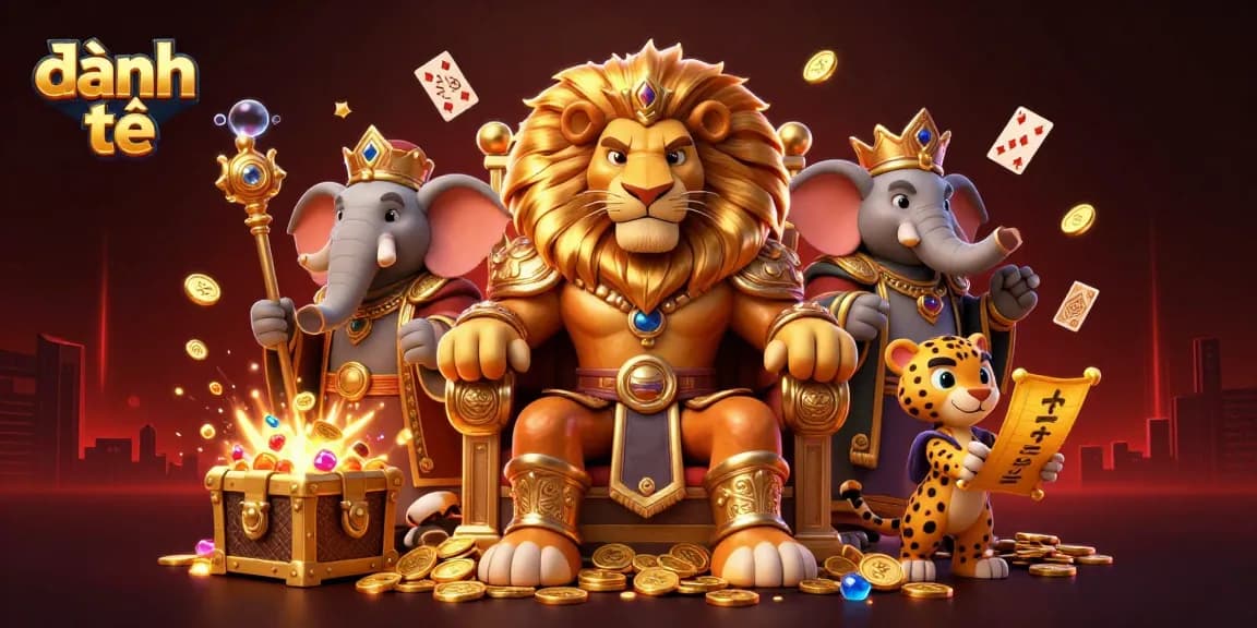 Capture the excitement of đánh đề with a fierce lion king on a gold coin throne, surrounded by vibrant gambling elements.