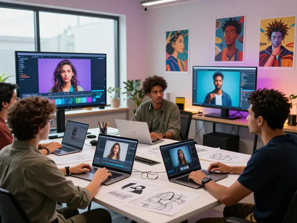 Team analyzing AI porn content in a modern digital studio, discussing ethics and visuals.