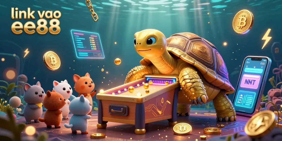 Engage with link vao ee88 featuring a colossal golden tortoise pinball machine amidst neon crypto coins.