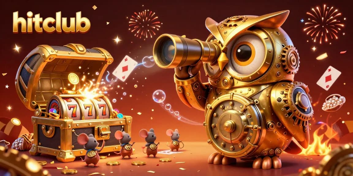 Hitclub presents a vibrant casino scene with a golden owl, tiny mice, and festive elements highlighting gaming excitement.
