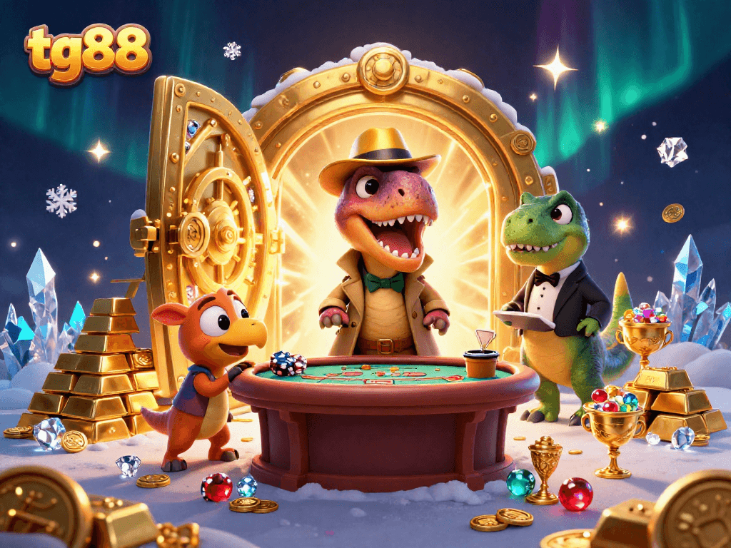 tg88 illustration of a velociraptor card counter at a blackjack table, amidst gold and gems.