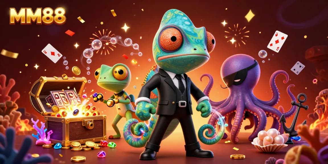 Experience thrilling wins at MM88 with a vibrant casino scene showcasing slots and animated characters.
