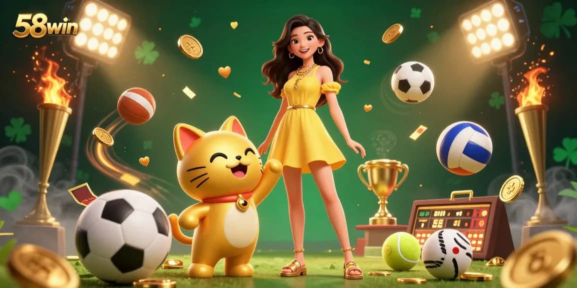 Engage with exciting games and rewards on 58win, where a lucky cat celebrates with players.