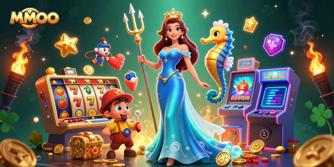 Spin the reels at MMOO with vibrant 3D casino characters and rich gaming elements surrounding them.